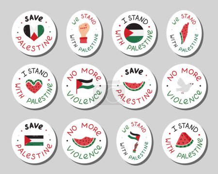 Big sticker set of We Stand with Palestine emblems with lettering and hand drawn clipart. Watermelon slice, Gaza flag, fist, peace dove. Ready for print list of cute stickers of Free Gaza concept.