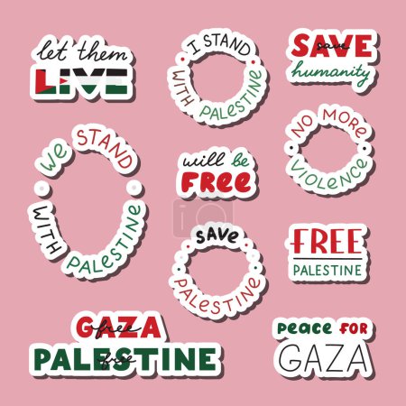 Lettering sticker set We Stand with Palestine. Ready for print list of cute stickers with handwritten phrases Let Them Live, Save Humanity, Free Gaza, Peace For Palestine, Will Be Free.