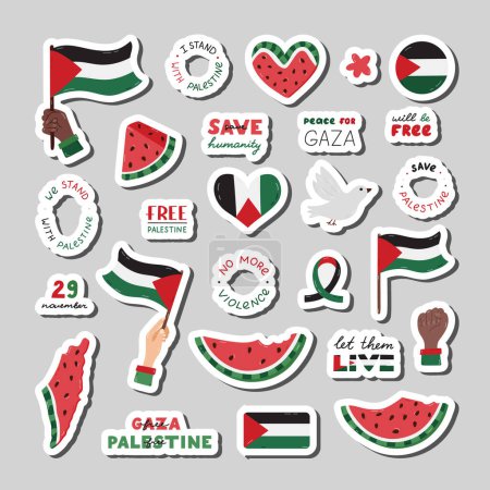 Big cartoon sticker set of Save Palestine with lettering and hand drawn clipart. Ready for print list of cute stickers with watermelon, Gaza flag, fist, peace dove. Simple doodle for Free Gaza.