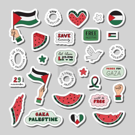 Big colorful sticker set with outline of Save Palestine with lettering and hand drawn scribble. Ready for print list of cute stickers with watermelon slice, Gaza flag, fist, peace dove, heart.