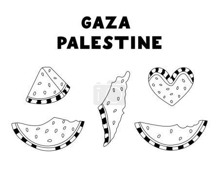 Hand drawn doodle set with different watermelon slices as symbol of Palestinian resistance. Outline watermelon in the shape of heart, slice, map of Israel, Gaza. Save Palestine and Free Gaza concept.