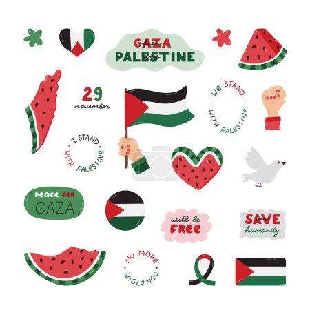 Karikatur von Free Palestine mit Schriftzug und handgezeichnetem Cliparts. Wassermelonenscheibe, Gaza-Flagge, Faust, Friedenstaube, Herz. Einfaches Doodle für Save Gaza Poster, Banner, Tapeten, Flyer, T-Shirt.