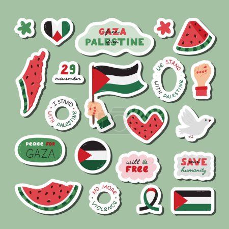 Einfaches Cartoon-Sticker-Set von Save Palestine mit Schriftzug und handgezeichnetem Cliparts. Bereit zum Ausdrucken Liste von niedlichen Aufklebern mit Wassermelone, Gaza-Flagge, Faust, Friedenstaube. Einfaches Doodle für Free Gaza.