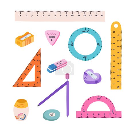 Cute hand drawn set of back to school stationery in cartoon style. Clipart collection of long, circle, triangle rulers, protractor, compass, erasers, sharpeners. School supply for study and work.