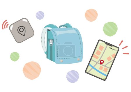 Ilustración de Illustration of light blue school bag, GPS and smartphone - Imagen libre de derechos