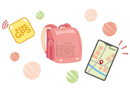 Illustration for Illustration of pink school bag, GPS and smartphone - Royalty Free Image