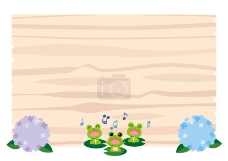 Ilustración de Marco de tablero de madera de hortensias y ranas - Imagen libre de derechos