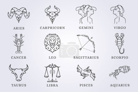 Téléchargez les illustrations : Ensemble d'horoscope astrologie zodiaque signe ligne art vecteur illustration design - en licence libre de droit