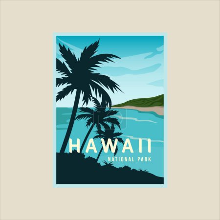 Téléchargez les illustrations : Hawaii plage affiche vectoriel illustration modèle graphique. signe de l'île paradisiaque ou bannière pour voyage d'affaires ou aventure concept de loisirs - en licence libre de droit