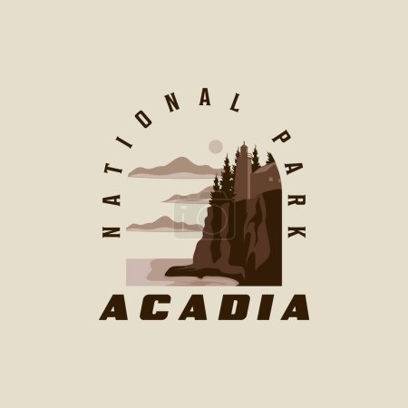 Illustration pour Acadia parc national logo vintage vectoriel illustration modèle icône conception graphique. signe ou symbole pour le tourisme d'affaires de voyage d'Amérique avec le style typographique rétro - image libre de droit