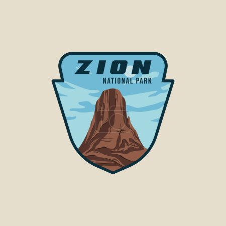 Ilustración de Zion National Park emblema vector ilustración plantilla diseño gráfico. señal o símbolo cañón roca montaña camino de la etiqueta engomada para viajes de negocios - Imagen libre de derechos