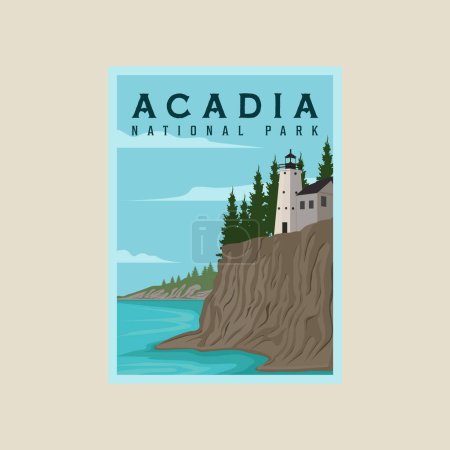 Illustrazione per Acadia parco nazionale poster vettoriale illustrazione modello grafica. Faro in spiaggia banner per viaggi d'affari o concetto di ambiente con paesaggio marino - Immagini Royalty Free