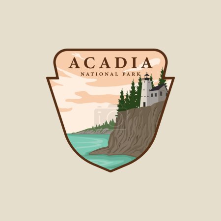 Illustrazione per Acadia parco nazionale emblema logo vettoriale illustrazione modello icona grafica. Faro in spiaggia banner per viaggi d'affari o concetto di ambiente con paesaggio marino - Immagini Royalty Free