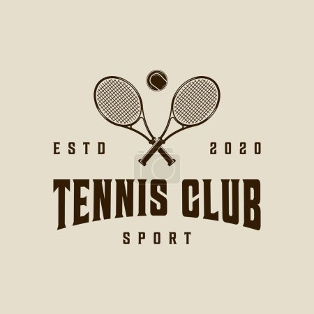 Foto de Raquetas de tenis cruzadas logo vintage vector ilustración plantilla icono diseño gráfico. signo deportivo o símbolo con bola para el concepto de club o torneo - Imagen libre de derechos
