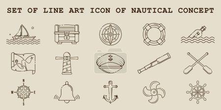 Set von nautischen Symbolen Linie Kunst Vektor Illustration Vorlage Grafik-Design. Bündel Sammlung von verschiedenen Marine Zeichen oder Symbol für Matrosen und Marine-Konzept