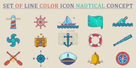 Set von nautischen Symbollinien Farbvektor Illustration Vorlage Grafik-Design. Bündel Sammlung von verschiedenen Marine Zeichen oder Symbol für Matrosen und Marine-Konzept