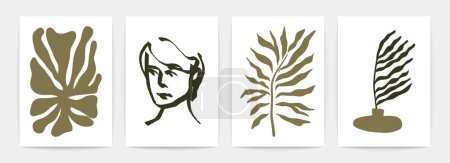 Téléchargez les illustrations : Affiches contemporaines. Art moderne inspiré de Matisse, visage abstrait de vase de plante d'algues, décor intérieur minimal. Ensemble vectoriel. - en licence libre de droit
