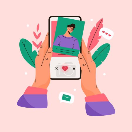Illustration for Online dating app. Man holding smartphone and chatting, male character using mobile application for virtual flirt and relationship. Vector flat illustration. - Royalty Free Image