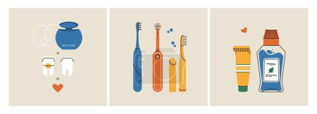 Outils d'hygiène dentaire. Dessin animé brosse à dents dentifrice soie dentaire rince-bouche, soins buccodentaires style plat, équipement de dentiste pour des dents saines. Ensemble vectoriel.