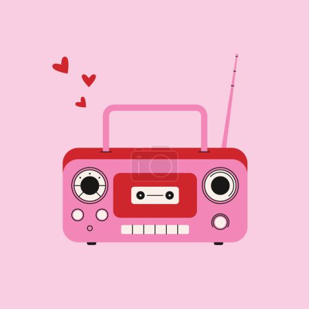 Illustration for Cartoon retro radio player. Vintage doodle radio boombox with antenna, old music hand device for listening music. Vector trendy flat illustration. - Royalty Free Image