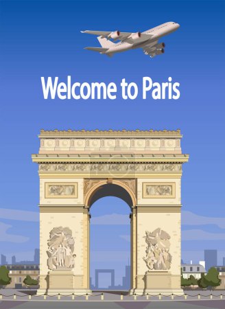 Illustration for The plane flies over the Arc de Triomphe in Paris. - Royalty Free Image