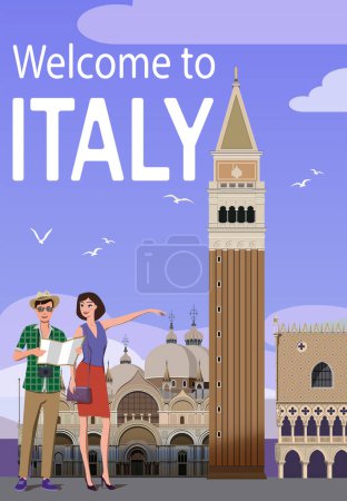 Illustration for Tourists in Venice stand with a map in their hands against the backdrop of the Cathedral of St. Mark. - Royalty Free Image