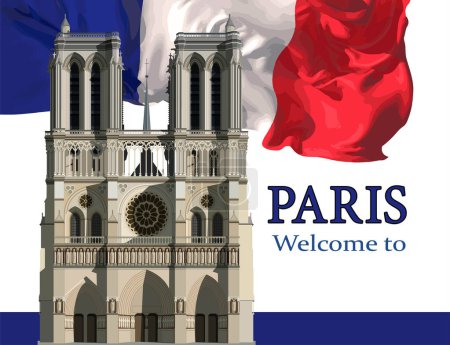Téléchargez les illustrations : Guide touristique de Paris, Cathédrale Notre-Dame sur fond de drapeau français. - en licence libre de droit