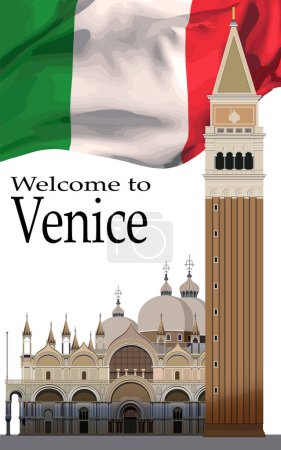 Téléchargez les illustrations : Cathédrale de San Marco et Campanile sur fond de drapeau italien. - en licence libre de droit
