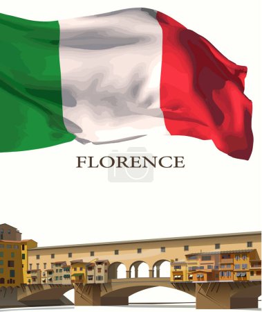 Ilustración de Puente de Florencia Ponte Vecchio y la bandera italiana ondea al viento. - Imagen libre de derechos