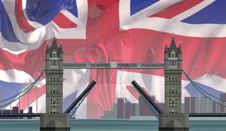 Illustration for Drawbridge Tower Bridge, Thames and the flag of England is flying in the background. - Royalty Free Image