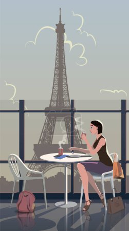 Téléchargez les illustrations : Les filles boivent du café sur la terrasse d'été, la Tour Eiffel est visible au-dessus de la ville. - en licence libre de droit