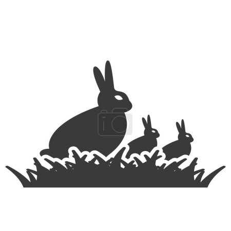 Illustration for Rabbit with two baby rabbits sits in the grass glyph icon isolated on white background.Vector illustration. - Royalty Free Image