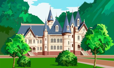 Illustration for Vector illustration depicting a fairy-tale palace in the forest  for prints on  book covers and for the design of other illustrations, scenes and interiors in a fairy-tale cartoon style - Royalty Free Image