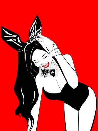 Téléchargez les illustrations : Vector illustration with a simplified, cartoon image of a beautiful girl in a rabbit costume on a red background for prints on postcards, banners, and for the design of nightclubs, bars and studios - en licence libre de droit
