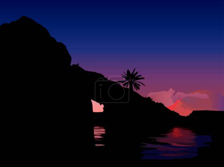 Illustration for Vector illustration depicting mountains and sunset sky with reflection in the water for interior design, scenes and other illustrations - Royalty Free Image