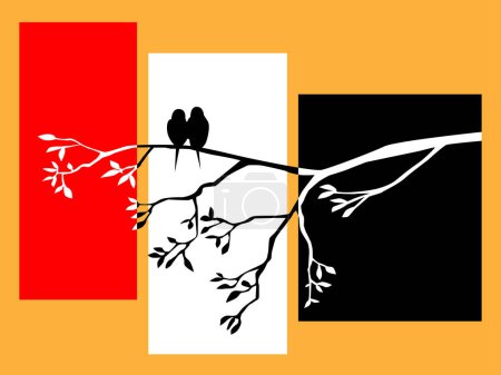Illustration for Vector color illustration depicting the silhouettes of birds sitting on branches on a multi-colored background for prints on walls, postcards, banners and for decorating interiors and scenes - Royalty Free Image