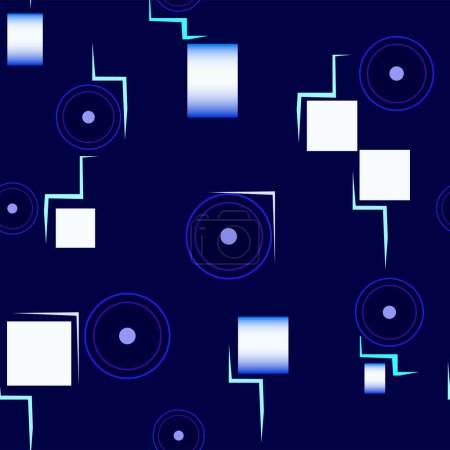Ilustración de Patrón vectorial abstracto sin costuras en tonos azul y blanco con la imagen de formas cuadradas y redondas para impresiones en telas, envases, pancartas y para decoración de interiores y escenarios - Imagen libre de derechos