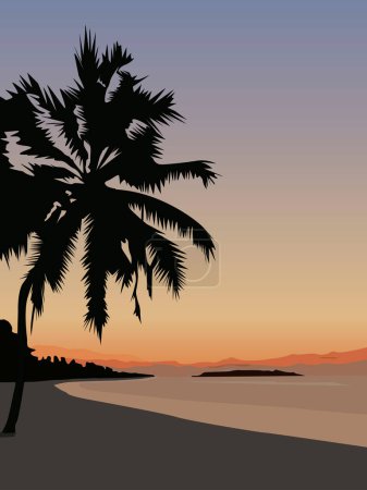 vector illustration depicting the sea coast and the silhouette of a palm tree against the background of the colors of the evening sky for interior design and other illustrations Poster 652699084