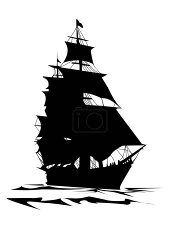 Illustration for Black and white vector illustration with the image of a sailing ship for prints on t-shirts, banners, postcards and for the design of other illustrations and scenes - Royalty Free Image