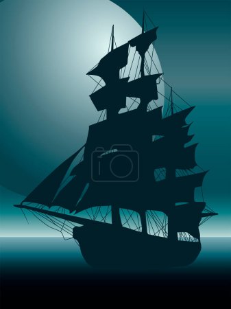 color vector illustration in blue-gray tones depicting the silhouette of a sailing ship on a moonlit night at sea, for prints and scene decoration in vintage style