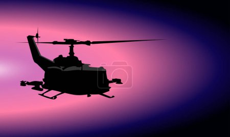 Ilustración de Silueta de un helicóptero militar sobre fondo púrpura. Ilustración vectorial para el diseño y creación de ilustraciones en estilo militar - Imagen libre de derechos