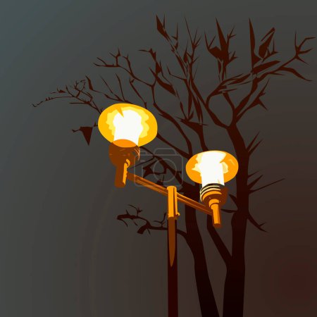 Téléchargez les illustrations : Une illustration vectorielle colorée de lanternes de rue de style vintage en soirée sur fond de silhouettes de verrière pour ajouter une touche rétro à vos décorations. - en licence libre de droit
