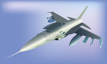 Ilustración vectorial de un avión de combate en vuelo. Aislado sobre fondo azul. Para diseñar sus ilustraciones en estilo militar