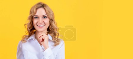 Happy woman with red love heart on yellow background. valentine. Woman isolated face portrait, banner with mock up copy space