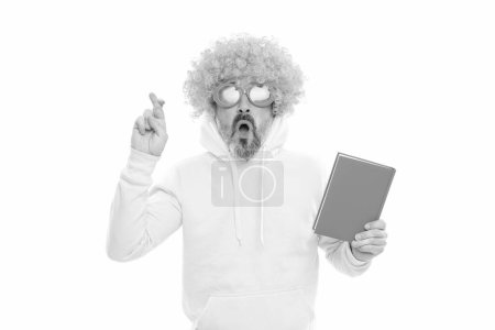Photo for Keep your fingers crossed. Superstitious nerd hold book. Studying for exam. Exam session. Knowledge examination. School education. Superstition concept. Good luck. - Royalty Free Image