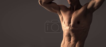 Shirtless and bare-chested. Shirtless man grey background. Fit guy with muscular torso. Man sexy bare torso, banner with copy space