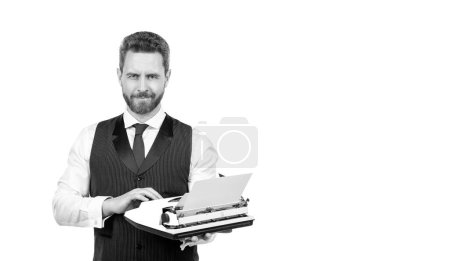 Photo for Businessman with retro typewriter. typist author isolated on white background. bookman or novelist. secretary working in publishing. copy space. happy man typing on vintage typewriter. - Royalty Free Image