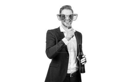 Photo for Happy guy conferencier in funny glasses and formal suit give toast with wine to microphone isolated on white, toastmaster. - Royalty Free Image