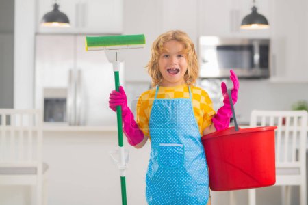 Portrait of child helping with housework, cleaning the house. Housekeeping, home chores