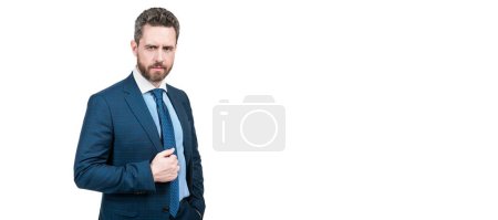 Photo for Suiting trend is anything but basic. Director wear classic navy suit. Mens fashion trend. Man face portrait, banner with copy space - Royalty Free Image